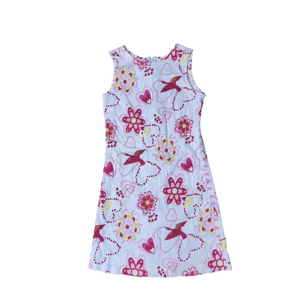 White Cotton Hummingbird Floral Heart Print Dress Sz 10
